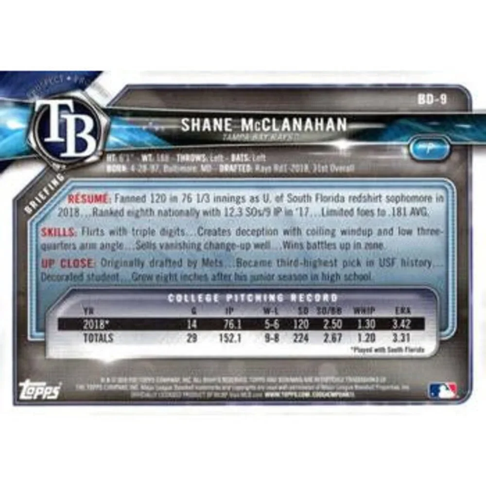 2018 Bowman Draft Shane McClanahan FBC BD-9 Tampa Bay Rays